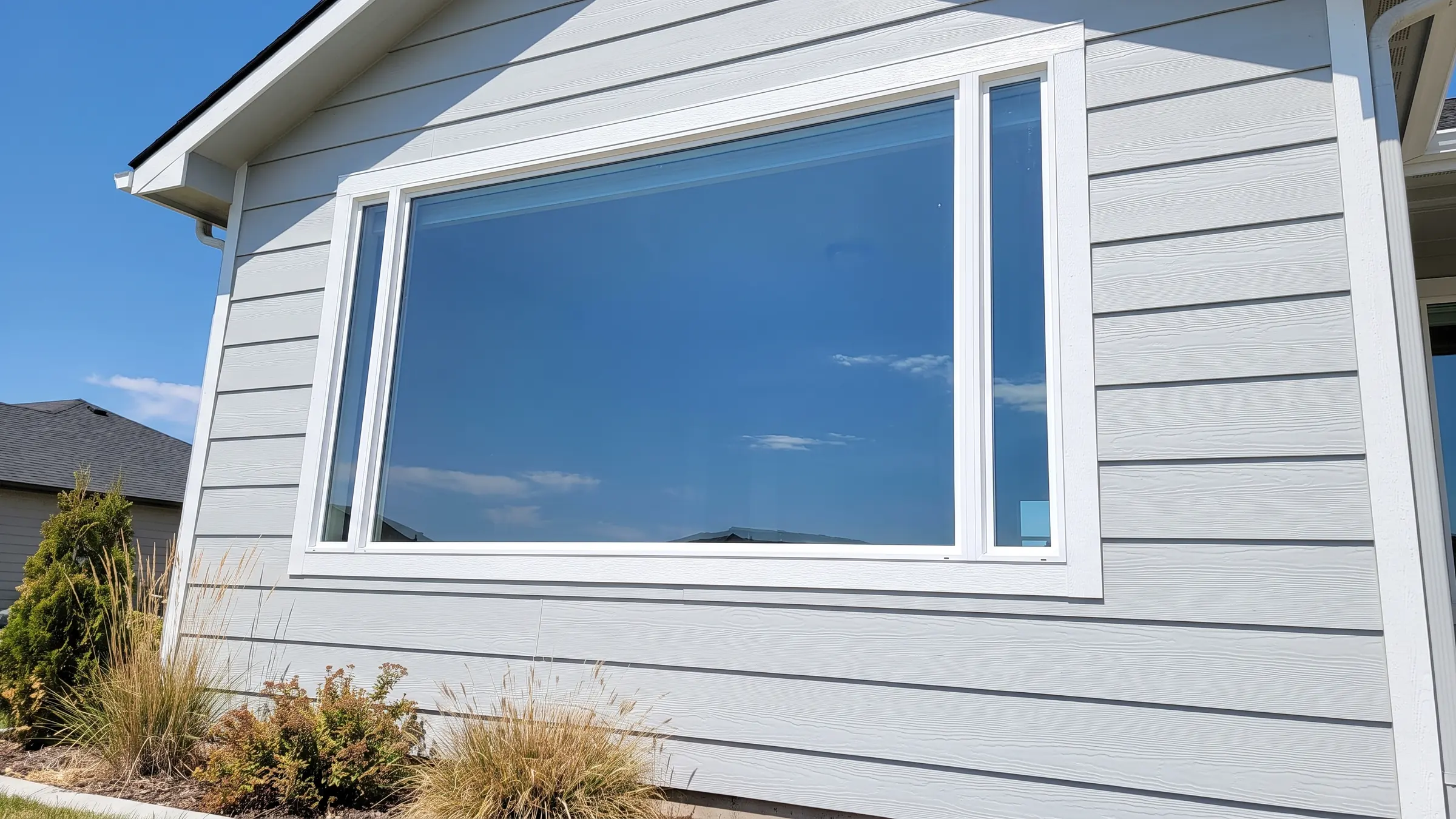 A newly installed white-framed window set in pale grey lap siding
