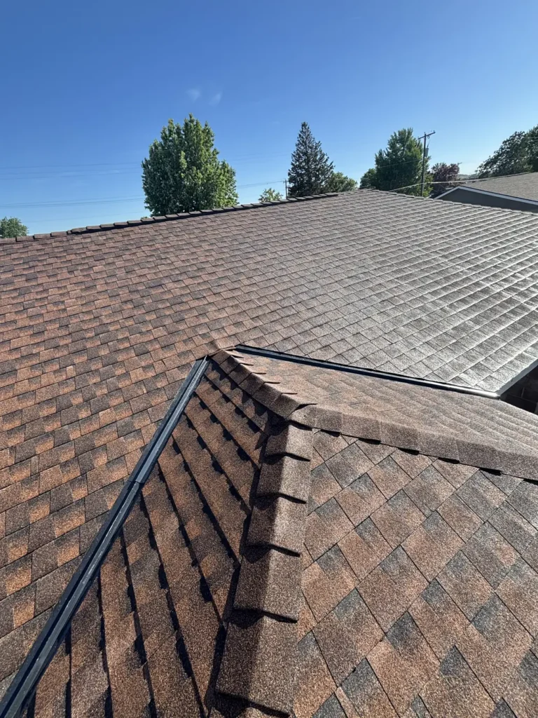 Rust-brown architectural shingle, ridge and hip detail at close range