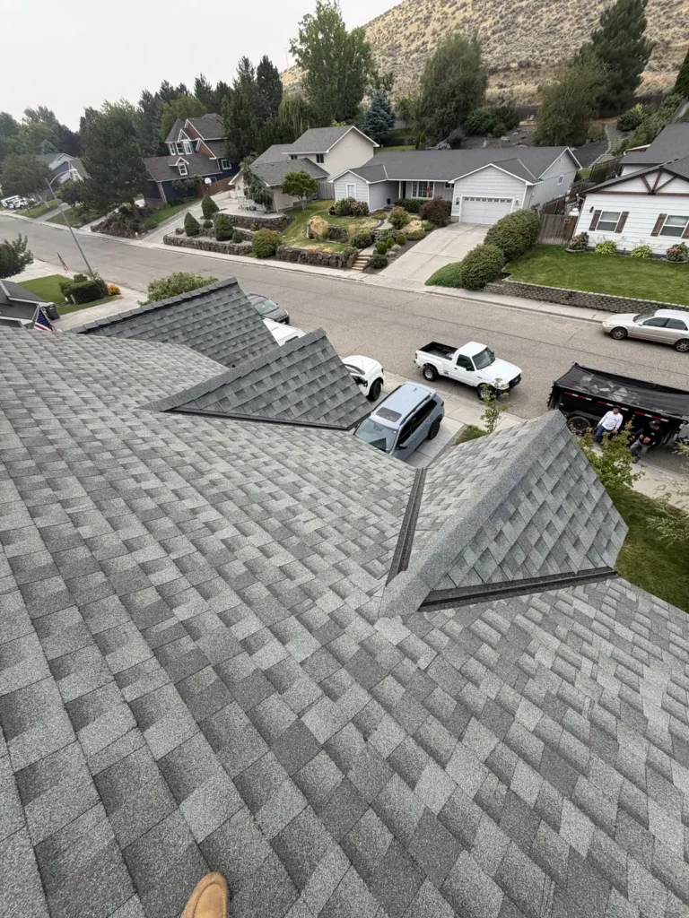 Grey architectural shingle over a street of Eastern Washington homes