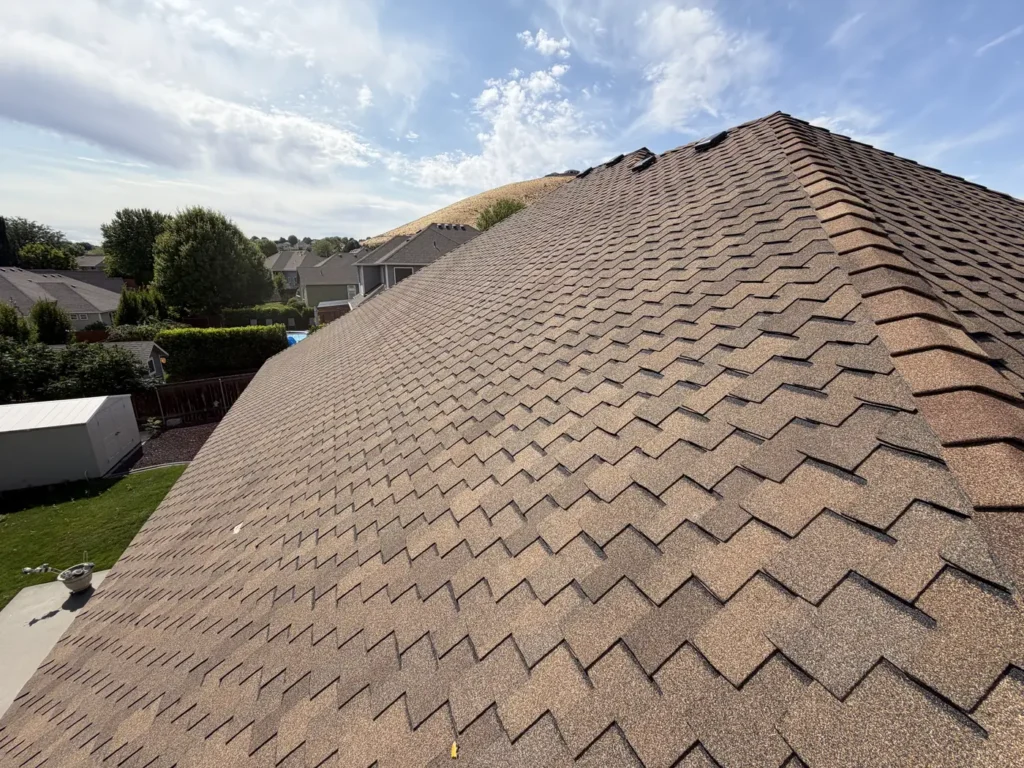 Brown shingle roof rising to the peak, with the hillside beyond