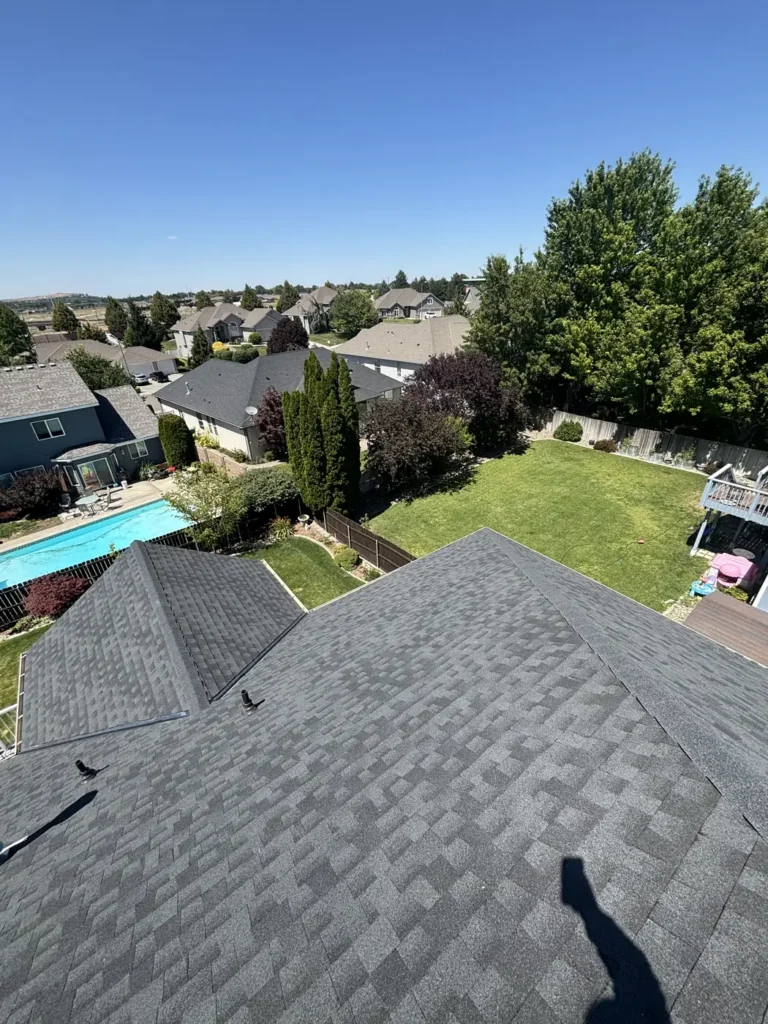 A finished roof above back gardens, mature trees and a pool