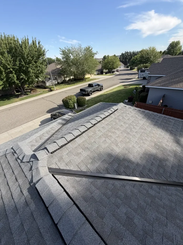New shingle roof above a straight residential street