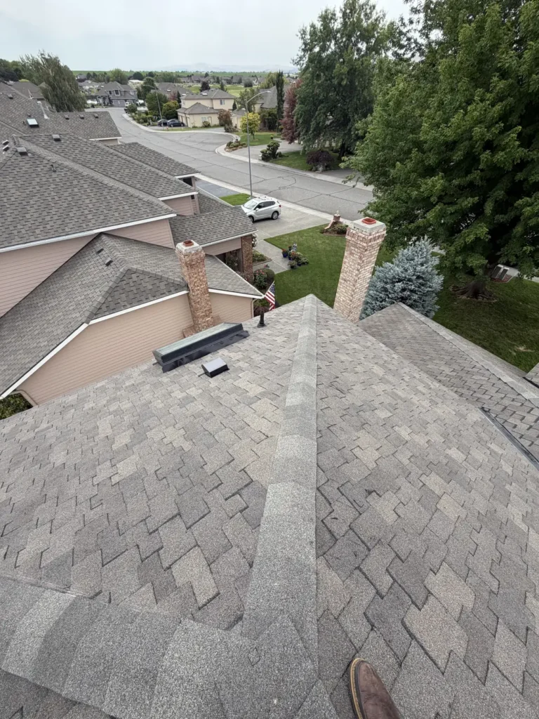 Completed roof, chimney and the street below