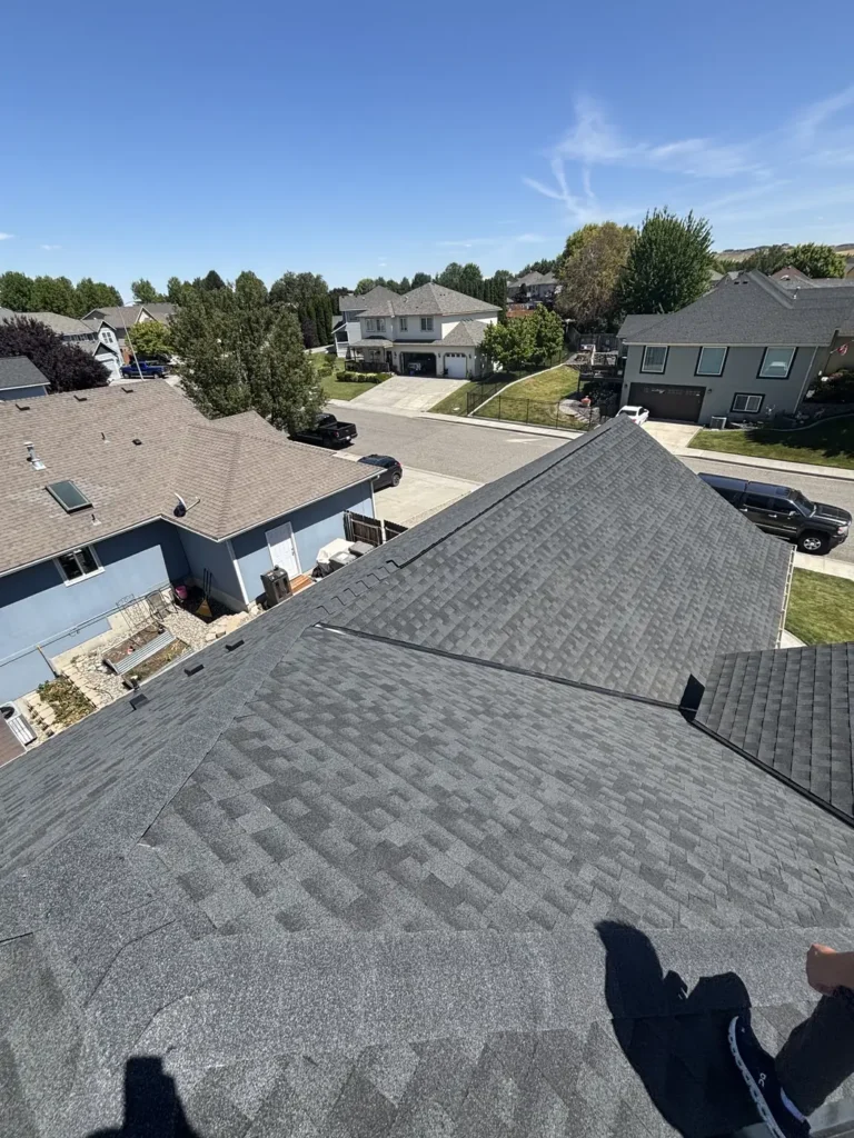 New shingle roof with the street and neighbouring homes